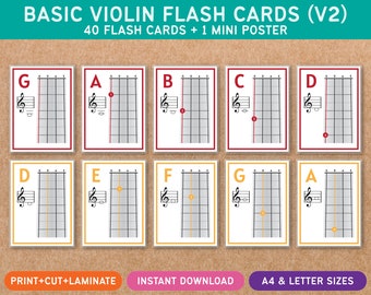 Basic Violin Flash Cards V2 - First Position - Treble G Clef - Music Theory Lessons - Homeschool - Learning Through Play