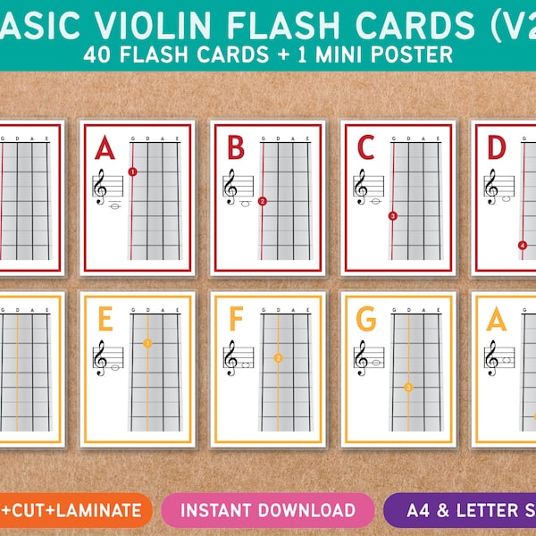 Basic Violin Flash Cards V2 - First Position - Treble G Clef - Music Theory Lessons - Homeschool - Learning Through Play