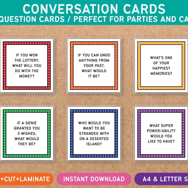Conversation Cards - 120 Questions - Boredom Busting - Kids Activity - Screen Free - Printable - Party Camping Ice Breaker Dinner Coffee