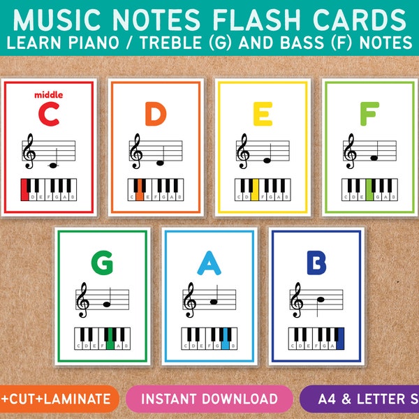 Music Notes Flash Cards - Treble G and Bass F Clef - Music Theory - Learn Piano Lessons - Homeschool - Learning Through Play - Printable