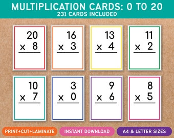 Multiplication Cards - Numbers 0 to 20 - Printable - Flash Cards - Preschool - Homeschool - Educational - Learning Through Play