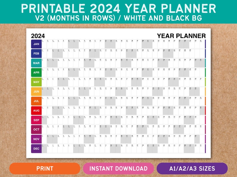 Printable 2024 Year Planner V2 Months in Rows Landscape Calendar