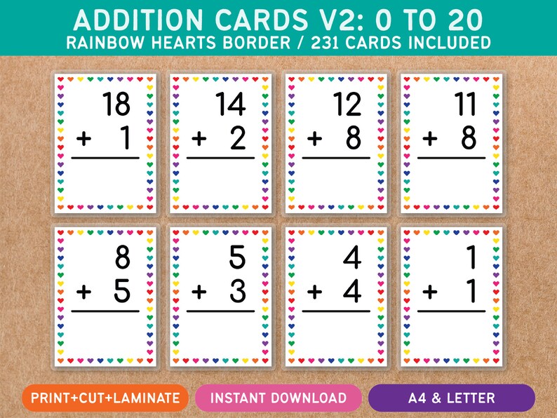 Addition Cards V2 - Numbers 0 to 20 - Rainbow Hearts - Printable ...