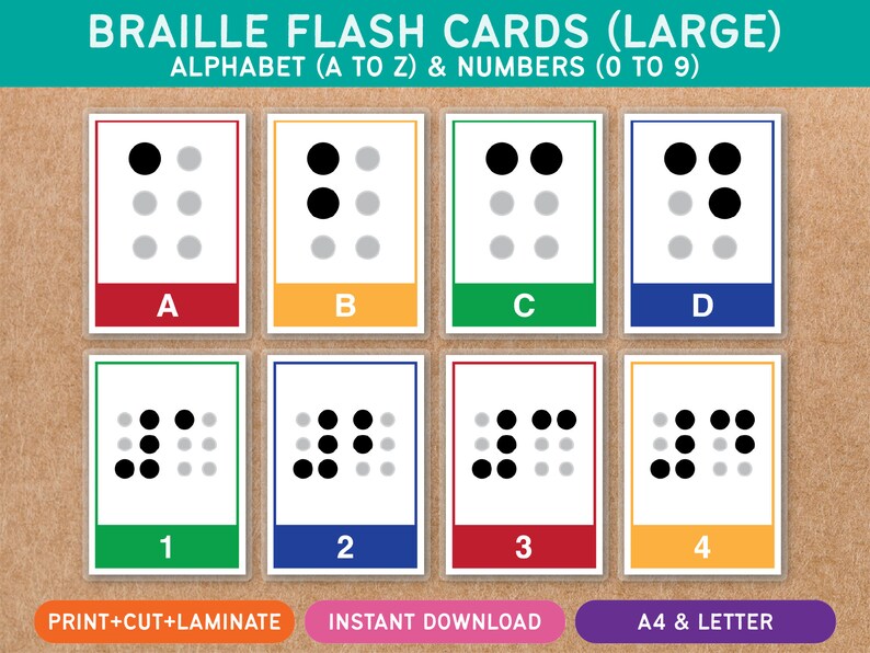 Braille Flash Cards V2 Large Alphabet & Numbers Printable Homeschool