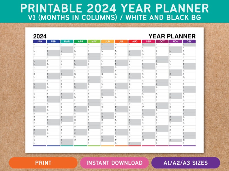 Printable 2025 Year Planner V1 Months in Columns Landscape Calendar