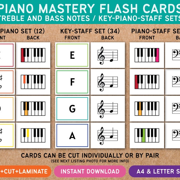 Piano Mastery Flash Cards - Clave de sol y bajo - Teoría musical - Aprende lecciones de piano - Key Piano Staff