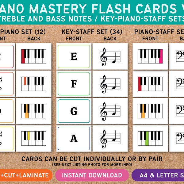 Piano Mastery Flash Cards V2 - Treble and Bass Clef - Music Theory - Learn Piano Lessons - Key Piano Staff