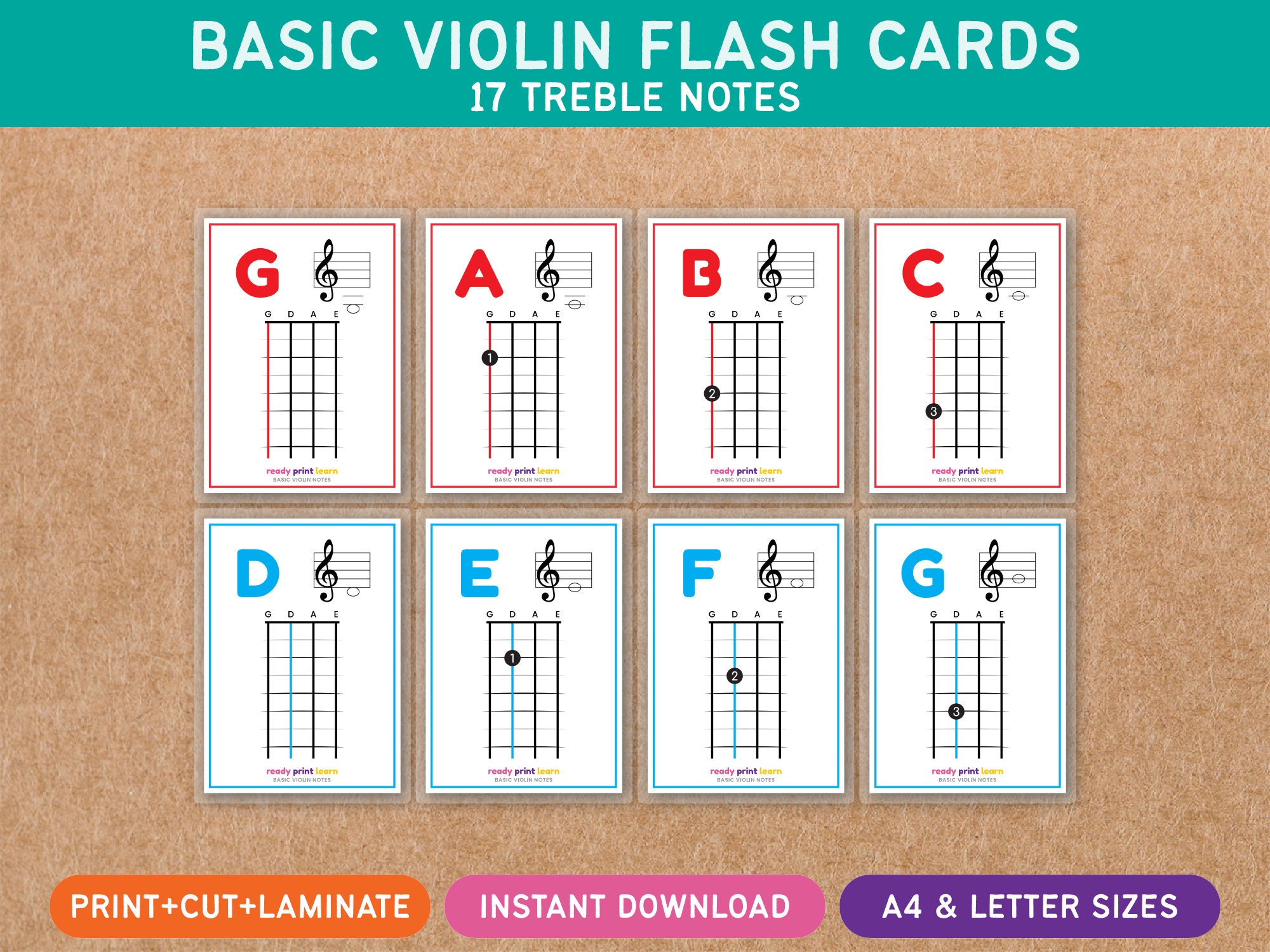 Basic Violin Notes Flash Cards Treble G Clef Music Etsy