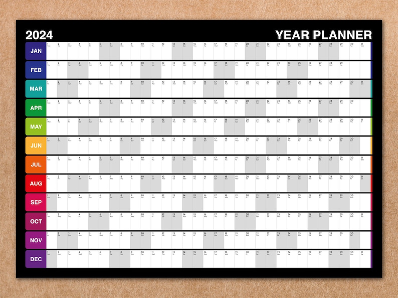 Printable 2024 Year Planner V2 Months in Rows Landscape Calendar