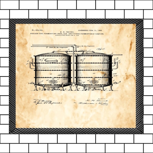 Hans H. Freund Process for Fermenting Beer Ale and Other Fermented Liquids Feb 11 1908 - Beer Patent Poster - Beer Bar Poster - Man cave art