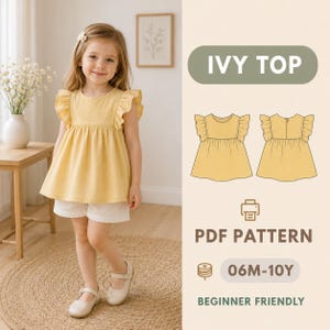 Puede incluir: Un patrón de costura para una blusa amarilla sin mangas con hombros con volantes, etiquetada como IVY TOP. El patrón PDF digital incluye ilustraciones técnicas del frente y la espalda, un icono de impresora y el rango de tallas 06M-10Y.