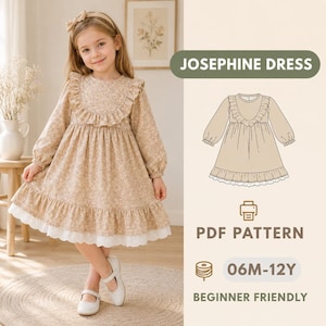 Puede incluir: Un vestido beige de flores con mangas largas, canesú con volantes, falda fruncida y dobladillo festoneado blanco. La imagen incluye un dibujo técnico del vestido Josephine, el texto PDF PATTERN y el rango de tallas 06M-12Y.