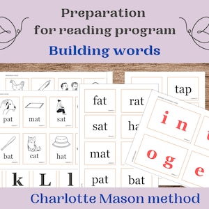 Könnte beinhalten: Ein Satz druckbarer Lernkarten zum Lesenlernen für Kinder nach der Charlotte Mason Methode. Die Karten zeigen Illustrationen und Wörter, darunter "pat", "mat", "sat", "bat", "cat", "hat", "fat", "rat", "tap", "in", "un", "og", "ea", "K", "k", "L", "l", "1", "pat" und "bat".