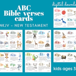 Versículos bíblicos de ABC Kids / Tarjetas de animales ABC / Nuevo Testamento NKJV / Palabras que habló Jesús / Tarjetas imprimibles / Preescolar y jardín de infantes / Educación en el hogar
