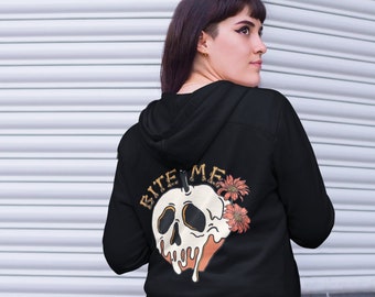 Halloween Hoodie, Bite Me Skull with Flowers, Unisex Fit