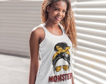 Momster halloween tank top Pin up hairstyle with glasses Racerback tshirt