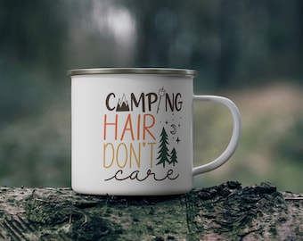 Camping Hair Don't Care Enamel Coffee Mug, 12oz