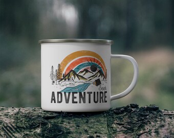 Personalized Camping Enamel Mug – Retro Adventure Design, 12oz