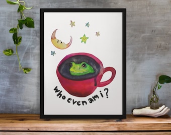 Whimsical Coffee Frog Art Print – Funny Animal Poster, Boho Decor