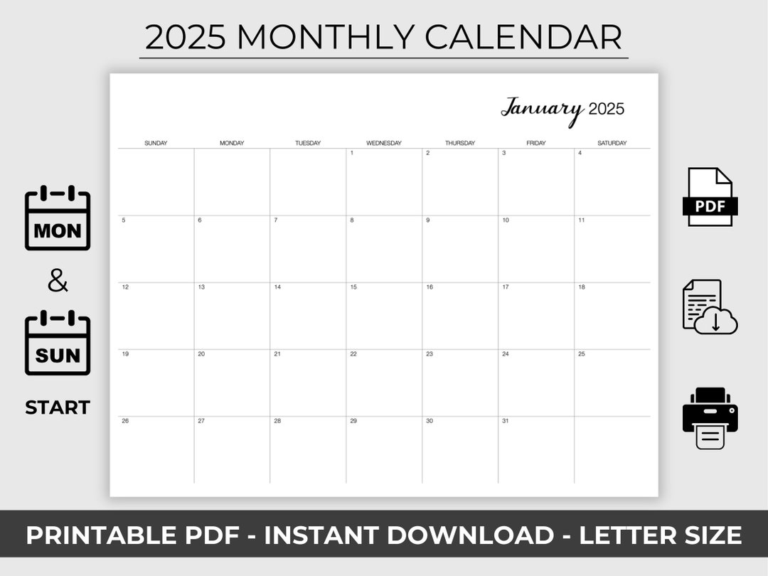 2025 Printable Calendar Landscape Format Sunday Monday Start Instant ...