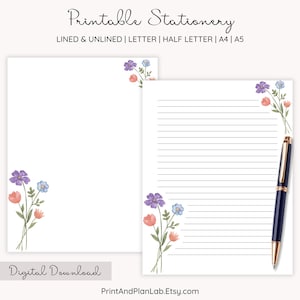 Floral Note Printable Paper, Unlined Stationery Paper, Letter Writing Paper, Wildflower Letter Paper, Digital Journal Paper, A4, A5