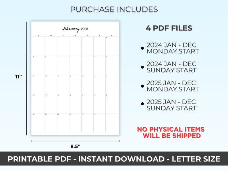 Monthly Calendar Template Printable 2024 2025 Calendar Portrait Sunday