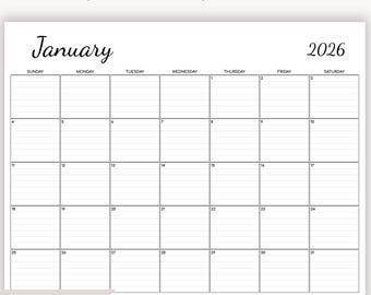 2026 Monthly Editable Calendar with Lines: Printable PDF (Sunday and Monday Start)