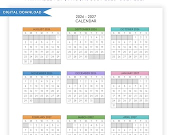 Kalendarz roku szkolnego 2026-2027 do druku, jednostronicowy przegląd, wersja cyfrowa (PDF, PNG, Letter, A4)