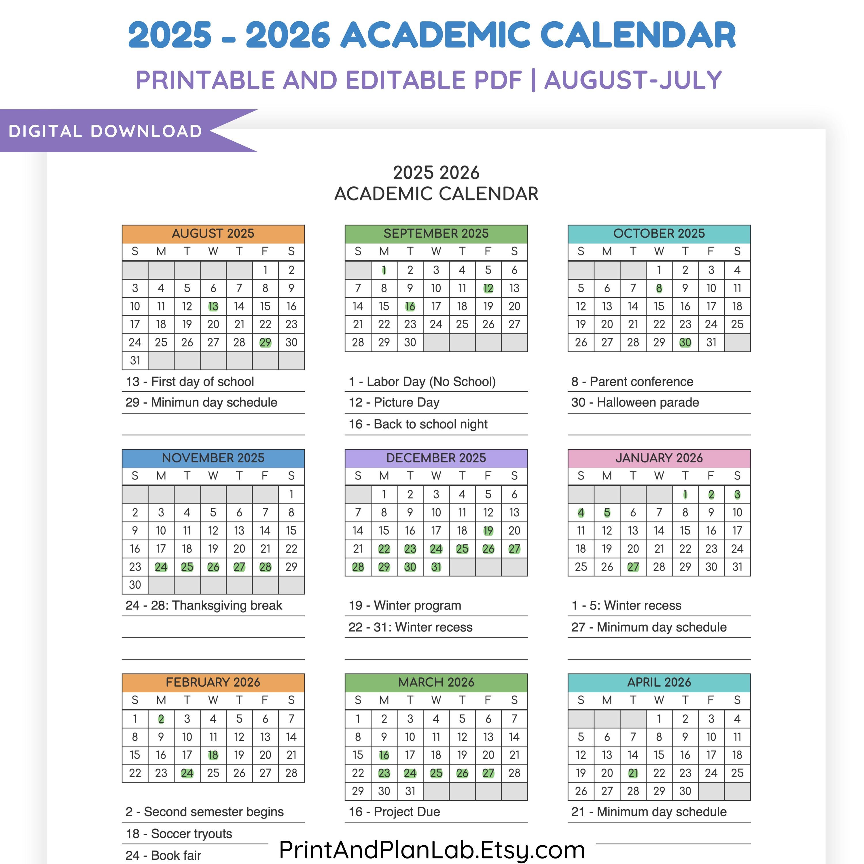 2025-2026 Academic Calendar Printable: Fillable One-page Overview (PDF