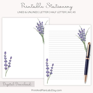 Papel de carta imprimível com lavanda, conjunto de papelaria com letras botânicas, aquarela floral, pautado, sem pauta, página de anotações para impressão, A4, A5, PDF, JPG