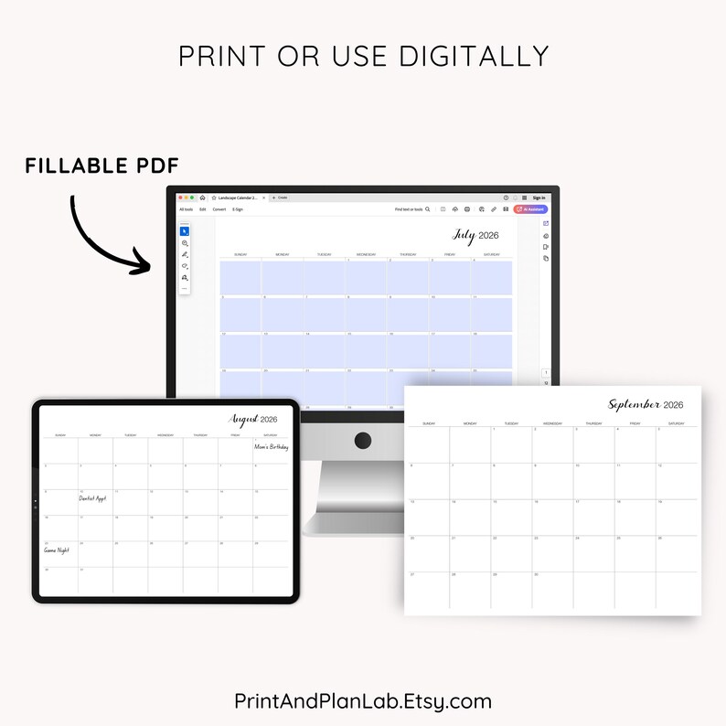 2026 Monthly Calendar Printable: Editable Fields, Minimalist, PDF ...