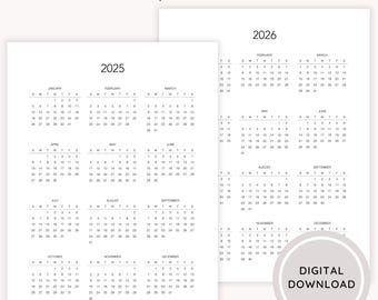 Kalendarz roczny 2025-2026 do druku: Wkładka do planera jednostronicowego (A4, A5, Letter)