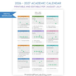 Puede incluir: Un calendario académico imprimible y editable 2026-2027, de agosto a julio, con un diseño colorido. El calendario incluye fechas y eventos clave como festivos, fechas de inicio escolar y fechas de entrega de proyectos. El texto "DIGITAL DOWNLOAD" está en la esquina superior izquierda.