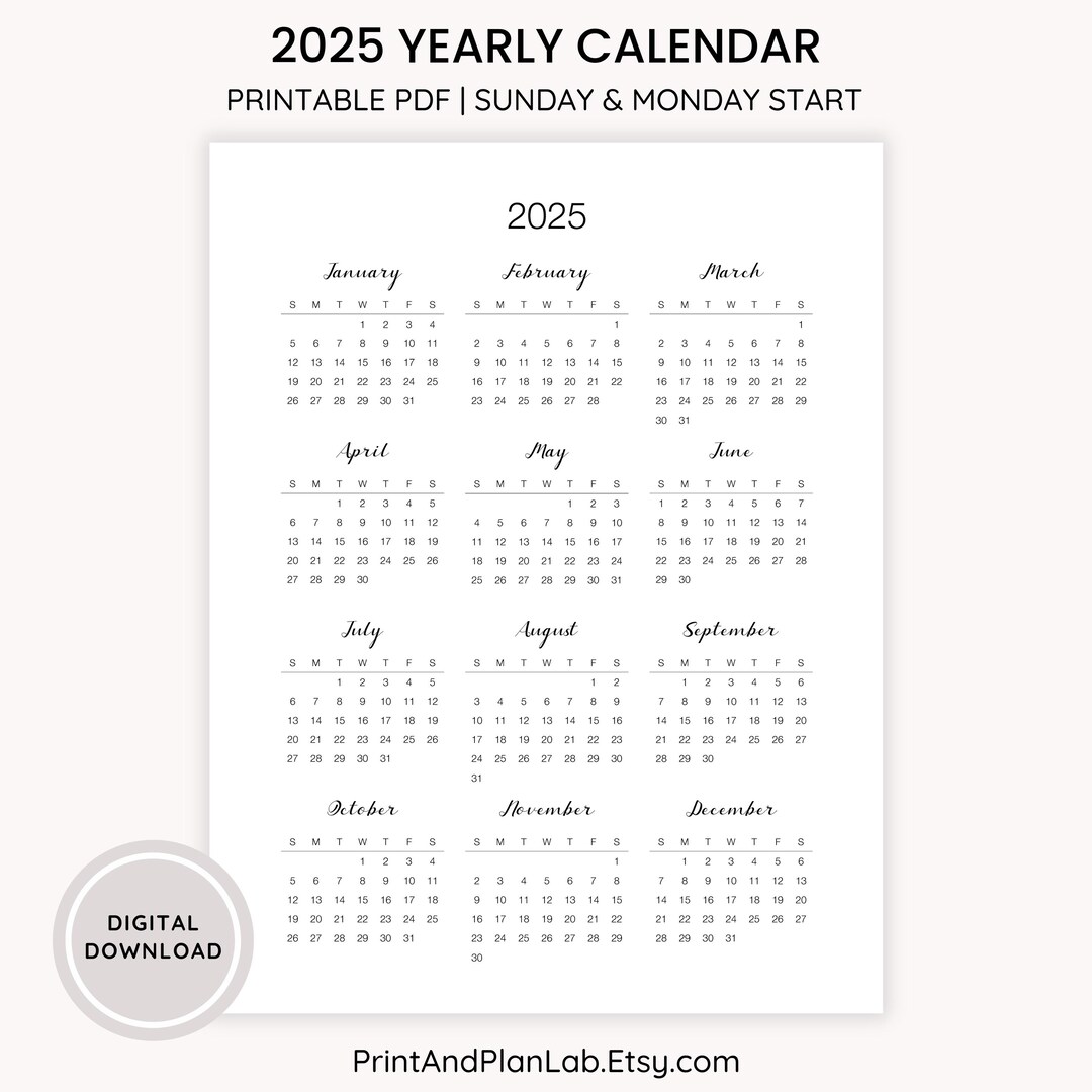 2025 Yearly Calendar Printable: Minimalist One Page Overview (A4, A5