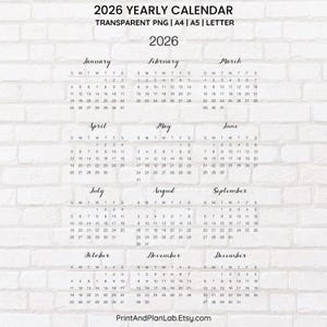 Calendário anual de 2026 com fundo transparente: PNG, visão geral de uma página, (A4, A5, Carta, Download instantâneo)