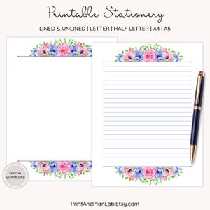 Papier de papeterie imprimable avec ligné floral, Papier de papeterie sans doublure, Papier à lettres pour plume, Page de notes imprimable, Papier pour journal numérique, A4, A5