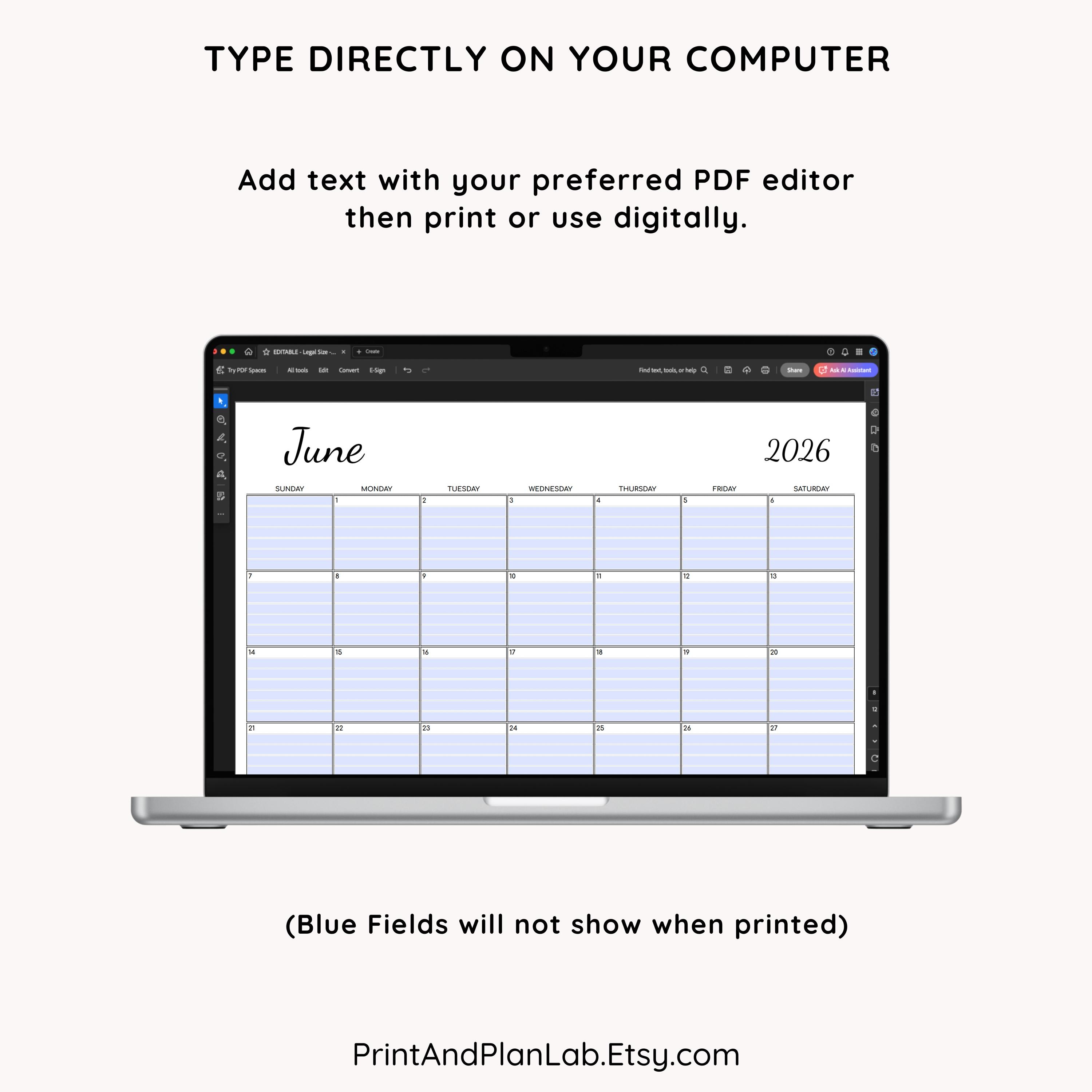 2026 Monthly Editable Calendar With Lines: Printable PDF (sunday and