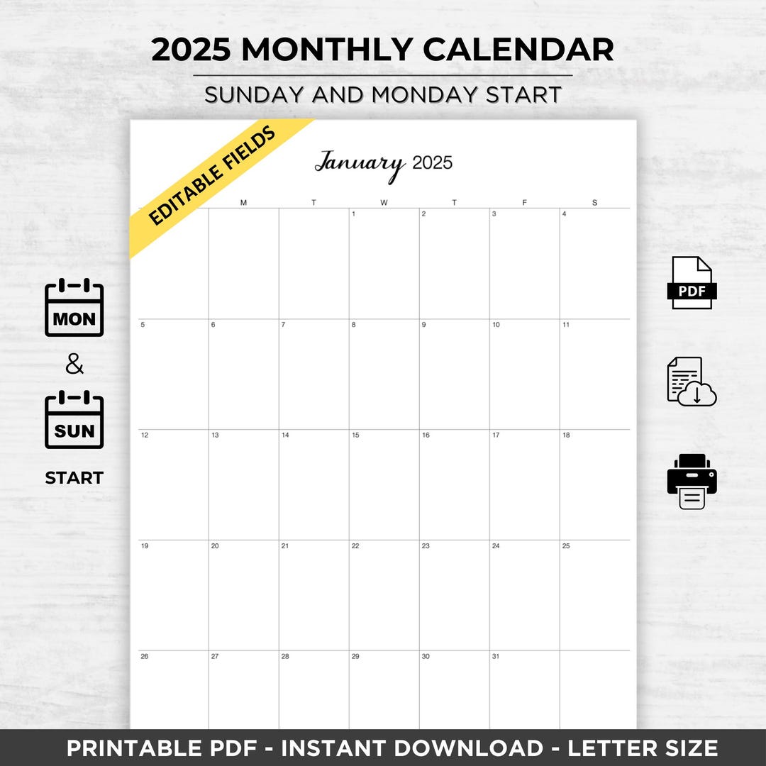 2025 Monthly Calendar Printable: Portrait With Editable Fields (PDF