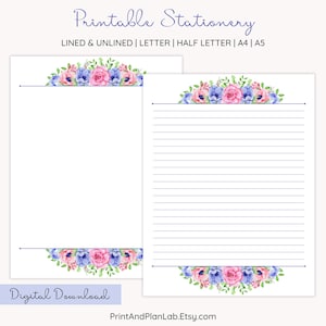 Printable Floral Lined Stationery Paper, Unlined Stationery Paper, Pen Pal Writing Paper, Printable Note Page, Digital Journal Pages, A4, A5