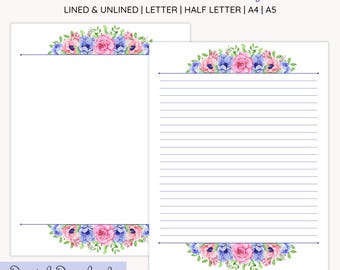 Do druku papier listowy w linie kwiatowy, papier listowy bez linii, papier do pisania Pen Pal, strona do notatek do druku, strony dziennika cyfrowego, A4, A5