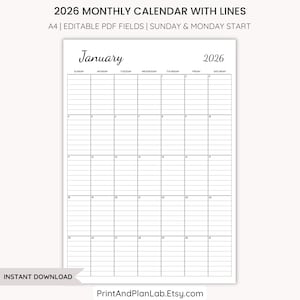 Puede incluir: Calendario mensual blanco de 2026 con líneas, que presenta el mes de enero. El calendario incluye fechas y días de la semana, con inicio en domingo y lunes. El texto "2026 Monthly Calendar with Lines" está en la parte superior.
