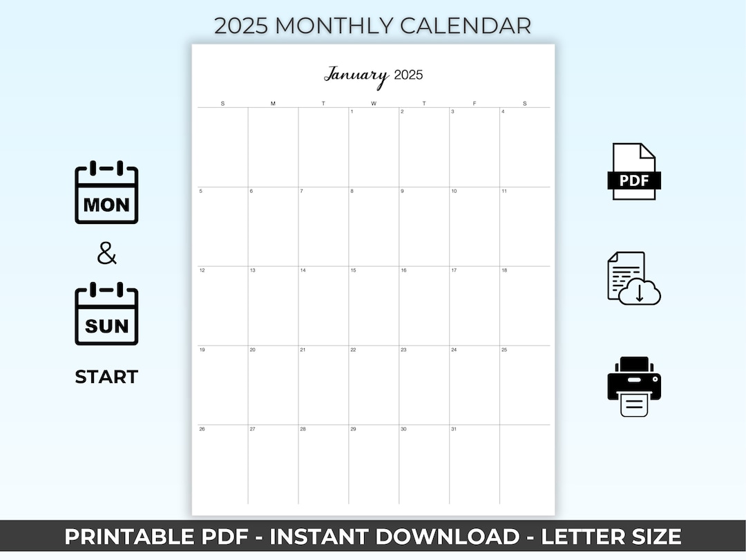 2025 Monthly Printable Calendar, Monthly PDF Calendar, Goodnotes