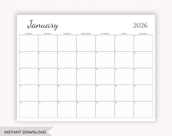 Calendario mensual editable 2026 con líneas: PDF imprimible (inicio en domingo y lunes)