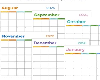 Miesięczny kalendarz szkolny 2025-2026 do druku: pola edytowalne, plik PDF do pobrania, format Letter/A4