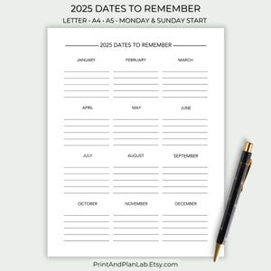 2025 Important Dates to Remember, One Page Yearly Planner Printable, Fillable Annual Planner, Printable Annual Overview, Planner Insert