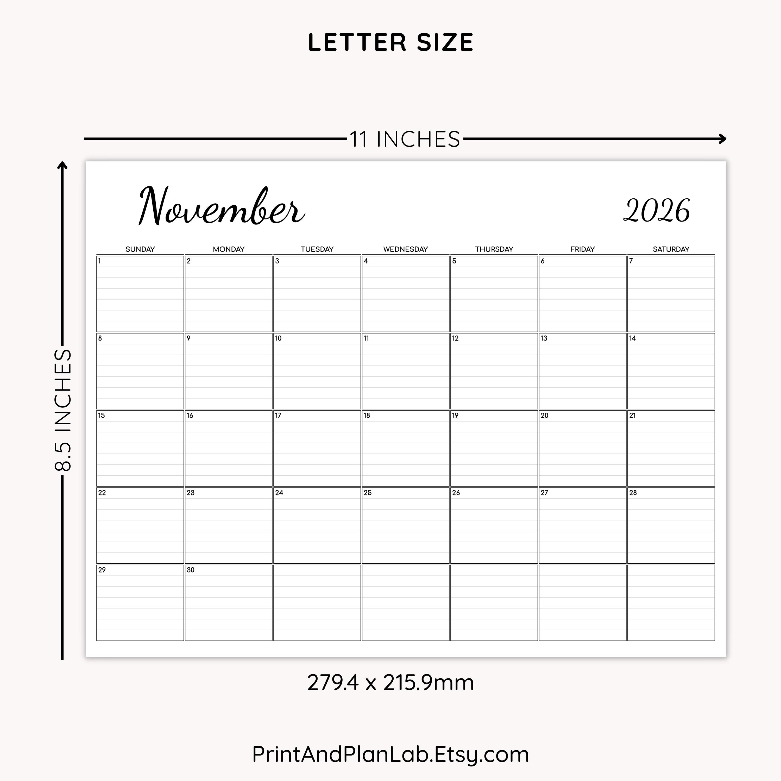 2026 Monthly Editable Calendar With Lines: Printable PDF (sunday and ...