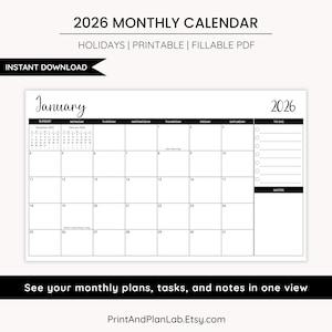 May include: A printable 2026 monthly calendar with a white background. The calendar includes the month of January, with space for notes and to-do lists. The text "INSTANT DOWNLOAD" is in a black banner.