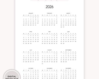Roczny kalendarz na rok 2026 do druku, jednostronicowy przegląd roczny (pliki PDF i PNG do natychmiastowego pobrania)