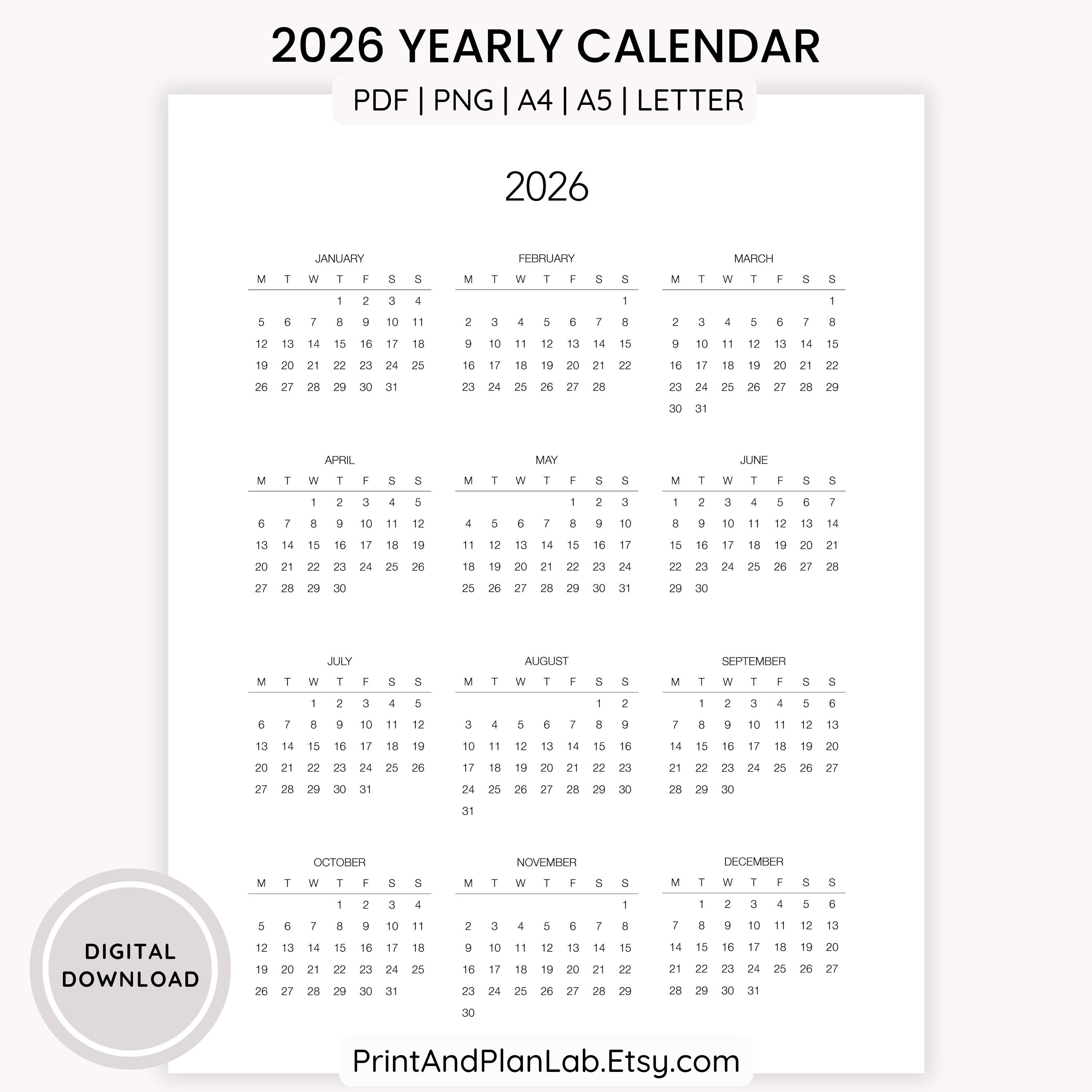 2026 One Page Calendar Printable, Yearly Overview (PDF & PNG Instant