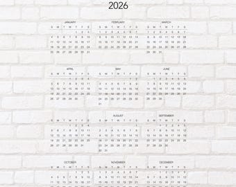 Roczny kalendarz na rok 2026 z przezroczystym tłem (PNG, natychmiastowe pobranie, A4, A5, Letter)